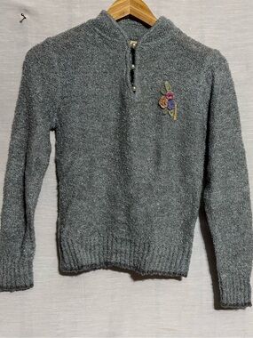 Vintage Country Craft Gray Boucle Sweater Floral Embroidery Women Small